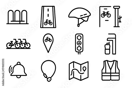 Bicycle Infrastructure Icons. Outline icon set of bicycle infrastructure: bike rack, cycle lane, helmet icon,