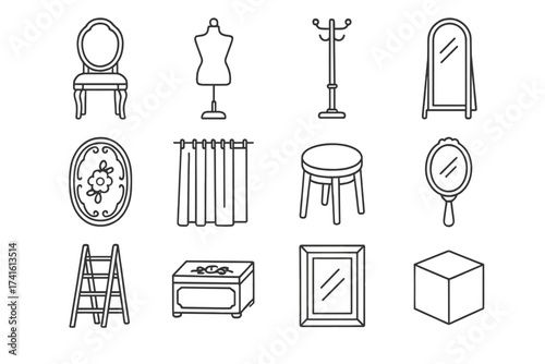 Fashion Styling Icons. Outline icon set of fashion styling props: vintage chair, mannequin torso, hat stand,