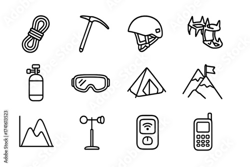 Mountain Expedition Icons. Outline icon set of mountain expedition essentials: climbing rope, ice axe, helmet,