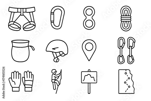Rock Climbing Icons. Outline icon set of rock climbing activities: climbing harness, carabiner, belay device,