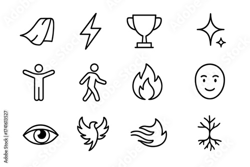 Self-Empowerment Icons. Outline icon set of self-empowerment: superhero cape, lightning bolt, trophy icon,