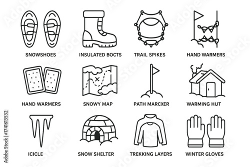 Winter Hiking Icons. Outline icon set of winter hiking and snow trails: snowshoes, insulated boots, trail