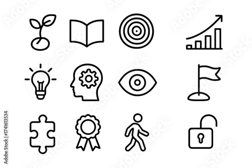 Personal Growth Icons. Outline icon set of personal growth: sprouting seed, open book, tree rings, upward