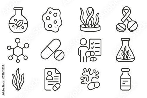 Marine Biotechnology Icons. Outline icon set of biotechnology in marine medicine: bioactive compound, marine