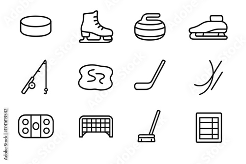 Frozen Sports Icons. Outline icon set of frozen water sports: ice hockey puck, figure skates, curling stone,