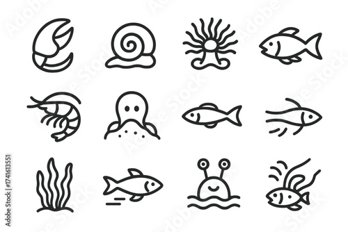 Tidepool Predator Icons. Outline icon set of tidepool predators and prey: crab claw, hiding snail, hungry