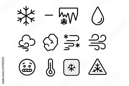 Cold Weather Icons. Outline icon set of symbols of extreme cold: snowflake icon, minus sign, frost icon,