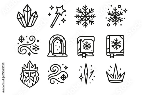 Magical Icy Icon Set. Outline icon set of magical icy elements: frozen crystal, ice wand, enchanted snowflake,