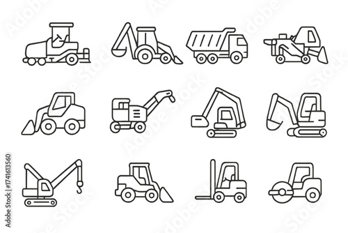 Roadwork Machinery Icons. Outline icon set of heavy roadwork machinery: asphalt paver, backhoe loader, dump