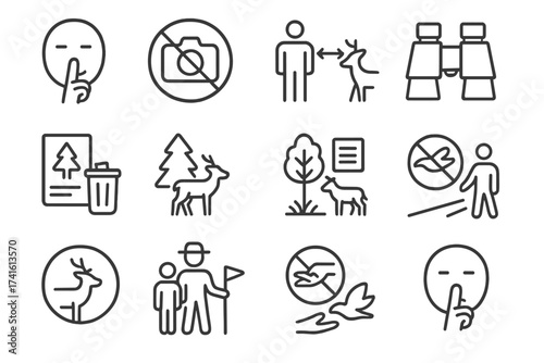 Wildlife Safety Icons. Outline icon set of wildlife safety and respect: stay quiet sign, no flash icon, keep