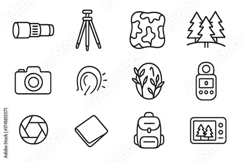 Nature Photography Icons. Outline icon set of nature photography in wild: telephoto lens, camera tripod,