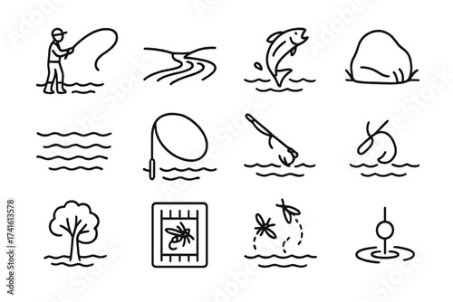 Fly Fishing Icons. Outline icon set of riverbank fly fishing: casting angler, flowing stream, fish jump,