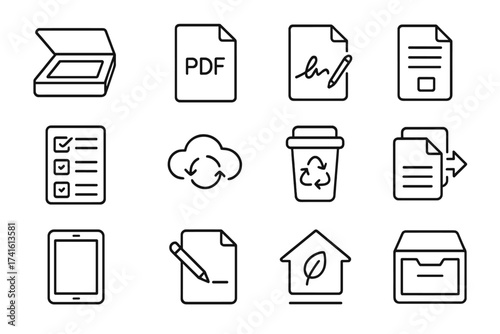 Paperless Office Icons. Outline icon set of paperless office solutions: scanner icon, PDF file, e-signature,