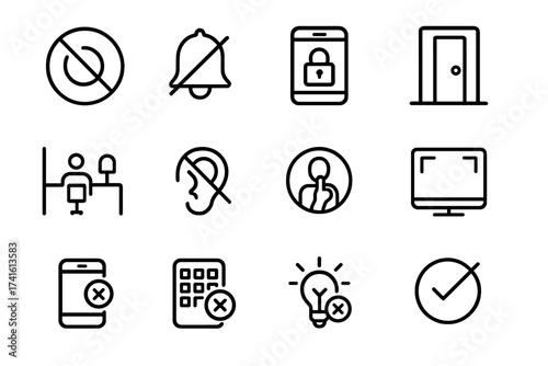 Workplace Distraction Icons. Outline icon set of reducing workplace distractions: do-not-disturb icon, mute