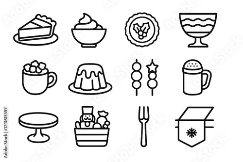 Holiday Dessert Icons. Outline icon set of holiday dessert table setup: pie slice, whipped cream bowl, festive