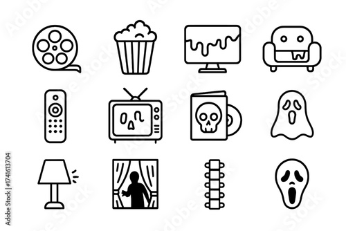 Horror Movie Icons. Outline icon set of horror movie night: film reel, popcorn, bloody screen, creepy couch,