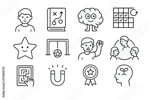 Youth Mental Training Icons. Outline icon set of mental training for young athletes: youth icon, playbook,