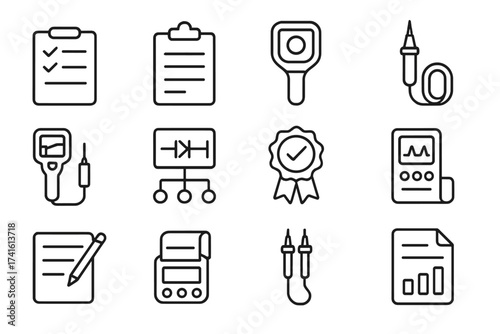 Electrical Inspection Icons. Outline icon set of electrical inspection tasks: checklist icon, clipboard,