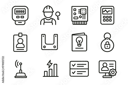 Energy Meter Icons. Outline icon set of energy meter installation: digital meter, technician key, circuit