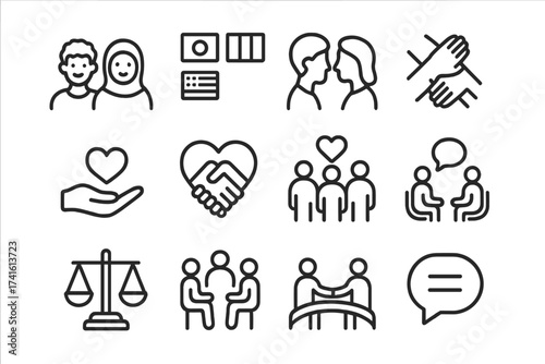 Diverse Team Icons. Outline icon set of diversity and inclusion in teams: different avatars, culture flags,