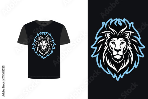 Stylized lion head graphic with light blue flame like mane dark Tshirt mockup vector