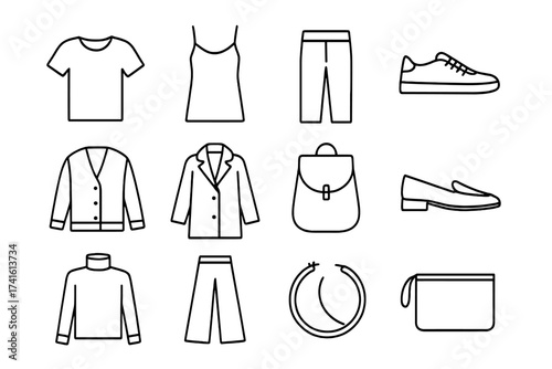 Minimal Fashion Icons. Outline icon set of modern minimalist fashion: monochrome tee, slip dress, neutral