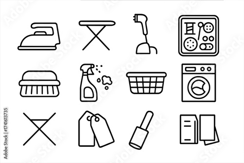 Clothing Care Icons. Outline icon set of clothing care tools: iron, ironing board, steamer, sewing kit,
