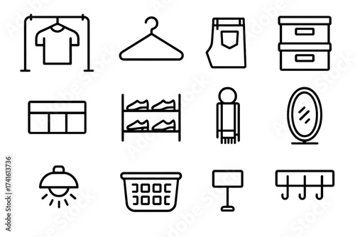 Wardrobe Icon Set. Outline icon set of wardrobe organization: clothing rack, hanger, folded jeans, labeled