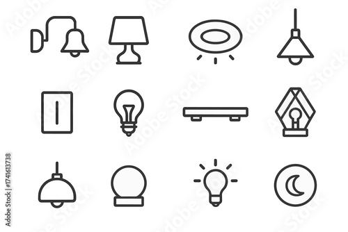 Minimal Bedroom Lighting Icons. Outline icon set of minimal bedroom lighting: wall fixture, bed lamp, recessed