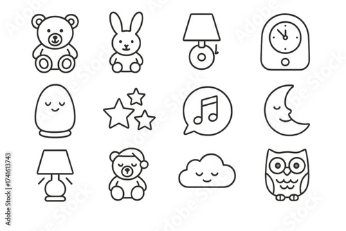 Children's Nightlight Icons. Outline icon set of children's nightlights: teddy lamp, bunny light, wall-mounted