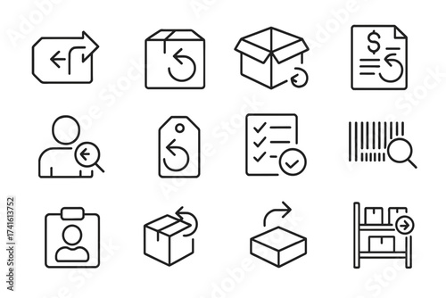 Return Logistics Icons. Outline icon set of return and reverse logistics: return label, sealed box, opened