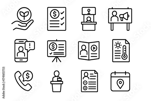 Public Awareness Icons. Outline icon set of public awareness programs: eco campaign, tax benefit flyer, info