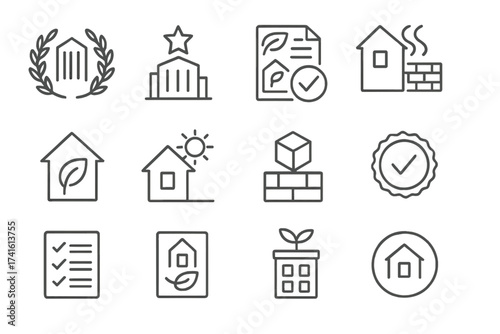 Eco-Building Certification Icons. Outline icon set of eco-building certifications: LEED icon, energy star,