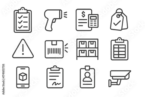 Inventory Control Icons. Outline icon set of inventory audit and control: audit checklist, barcode reader,