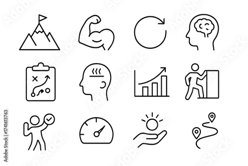 Resilience Coaching Icons. Outline icon set of resilience coaching for teams: mountain icon, strength icon,