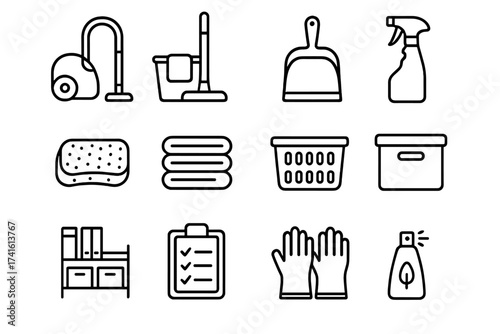 House Cleaning Icons. Outline icon set of house cleaning and home organization: vacuum cleaner, mop and bucket