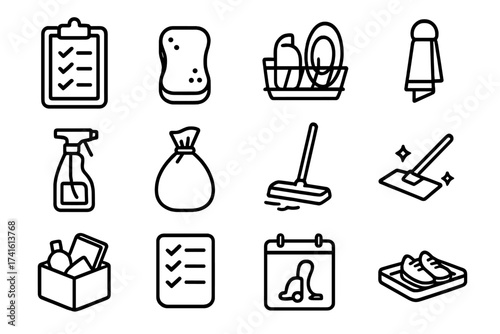 Daily Cleaning Icons. Outline icon set of daily cleaning routine: morning checklist, sponge, dish rack, hand