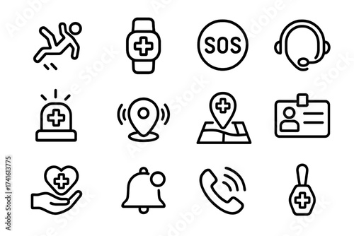 Medical Alert Icons. Outline icon set of medical alert systems: fall detector, emergency wristband, SOS button