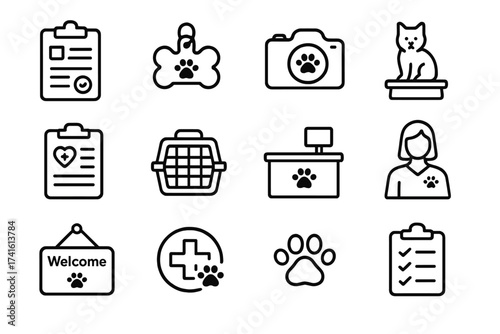 Animal Intake Icons. Outline icon set of animal intake process: intake form, ID tag, photo capture, weight