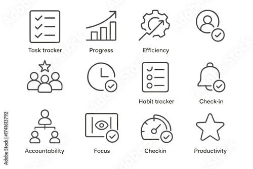 Productivity Boosters Icons. Outline icon set of team productivity boosters: task tracker, progress graph,