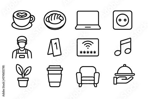 Café Work Icons. Outline icon set of working in a café: cappuccino icon, pastry plate, laptop open, plug