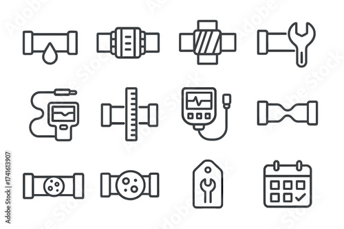 Pipe Repair Icons. Outline icon set of pipe maintenance and repairs: leak icon, patch clamp, pipe wrap,