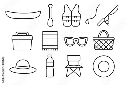 Lake Day Icon Set. Outline icon set of lake day celebration: canoe, paddle, life jacket, fishing rod, cooler,