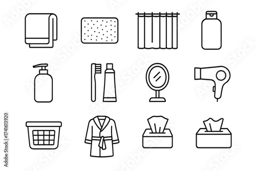 Bathroom Essentials Icons. Outline icon set of bathroom moving items: towel, bath mat, shower curtain, shampoo