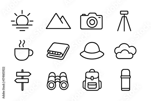 Sunrise Viewpoint Icons. Outline icon set of sunrise viewpoint stop: sun, mountain, camera, tripod, coffee cup