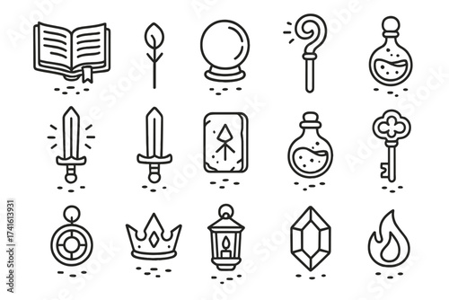 Mystical Artifact Icons. Outline icon set of floating mystical artifacts: levitating book, crystal orb, magic