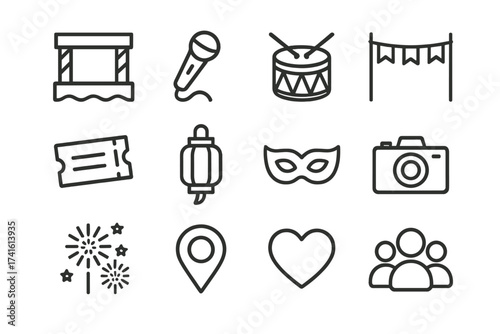 Festival Icons Grid. Outline icon set of festival and event ads: stage, microphone, drum, banner, ticket,
