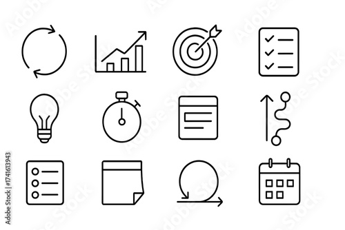 Continuous Improvement Icons. Outline icon set of continuous improvement: arrow loop, chart, goal target,