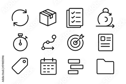 Iteration and Delivery Icons. Outline icon set of iteration and delivery: arrow loop, package box, checklist,