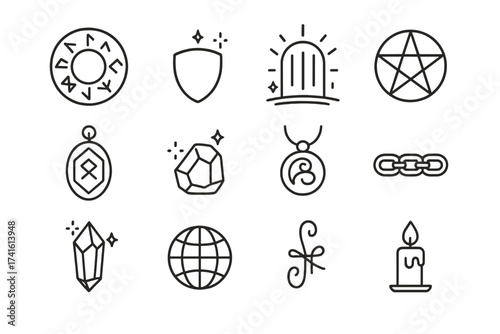 Magical Protective Icons. Outline icon set of magical protective wards: rune circle, barrier shield, glowing